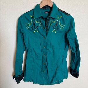 Western Cowgirl Cruel Embroidered Show Shirt Collared Medium Teal